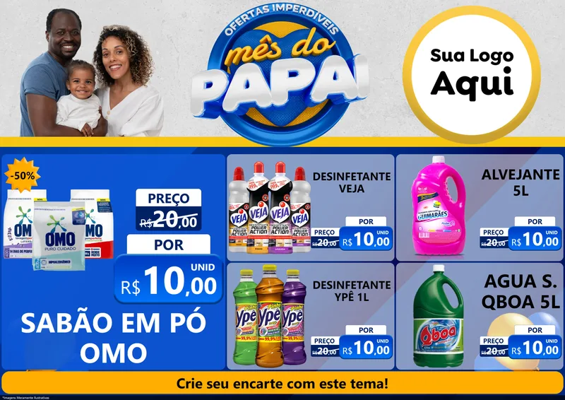 Modelo de Encarte para Encarte A4 Horizontal com o tema Ofertas Imperdíveis Mês Do Papai para Produtos de Limpeza