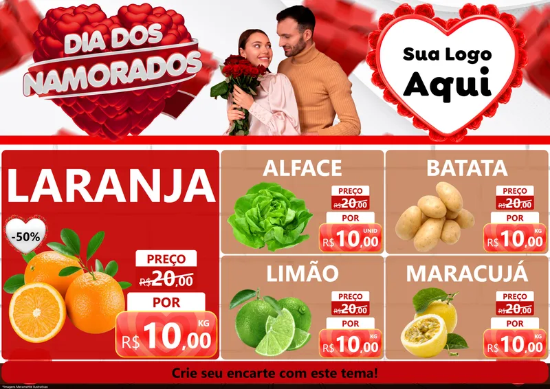 Modelo de Encarte para Encarte A4 Horizontal com o tema Dia dos Namorados para Hortifrúti
