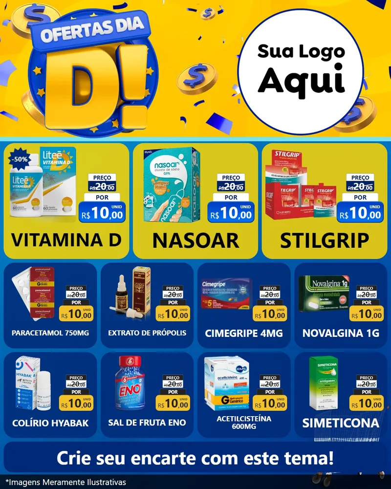 Modelo de Rede Social para Feed Instagram com o tema Ofertas Dia D para Farmácia