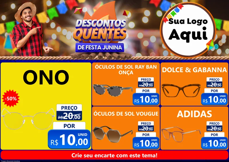 Modelo de Encarte para Encarte A4 Horizontal com o tema Descontos Quentes de Festa Junina para Óticas