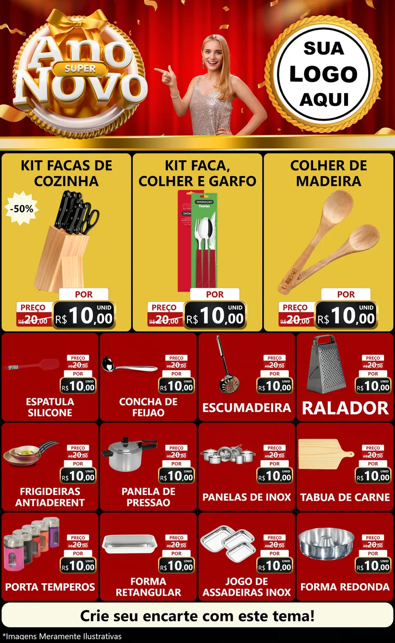 Modelo de Encarte para Encarte Grande com o tema Super Ano Novo para Utilidades Domésticas