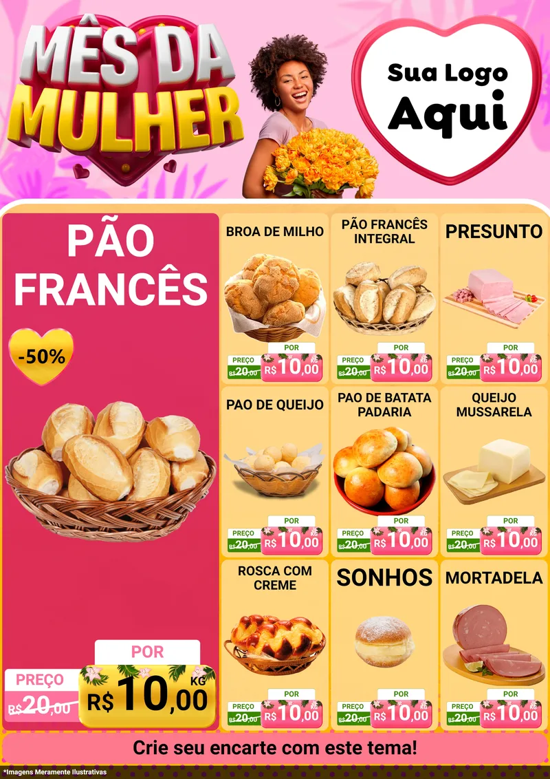 Modelo de Encarte para Encarte A4 Vertical com o tema Mês da Mulher para Padaria