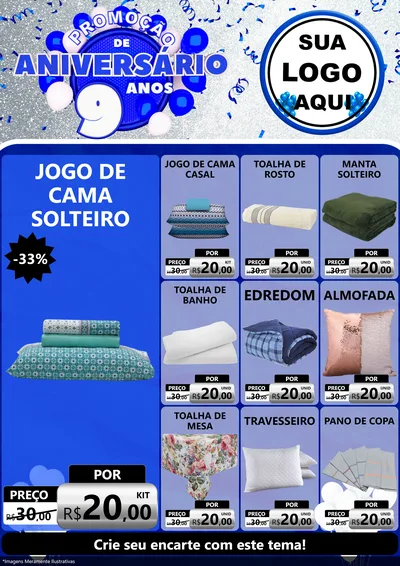Modelo de Encarte para Encarte A4 Vertical com o tema Promoção de Aniversário - 9 Anos para Cama, Mesa e Banho