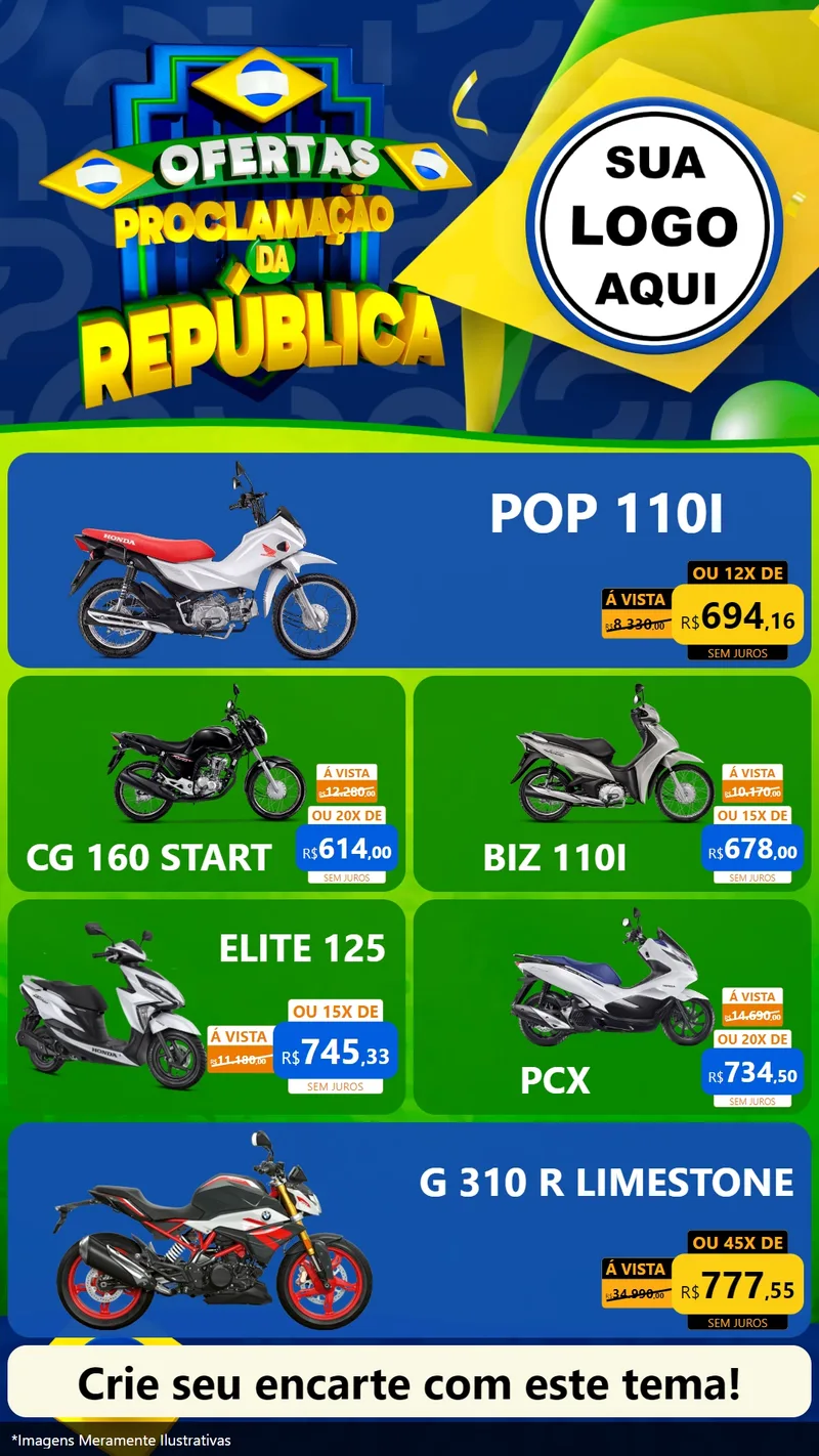 Modelo de TV para TV Vertical com o tema Ofertas Proclamação da República para Concessionaria de Motos