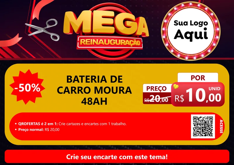 Modelo de Cartaz para Cartaz A4 Horizontal com o tema Mega Reinauguração para Baterias Elétricas