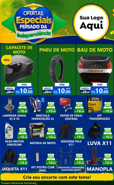 Modelo de Encarte para Encarte Grande com o tema Ofertas Especiais Feriado da Independência para Moto peças
