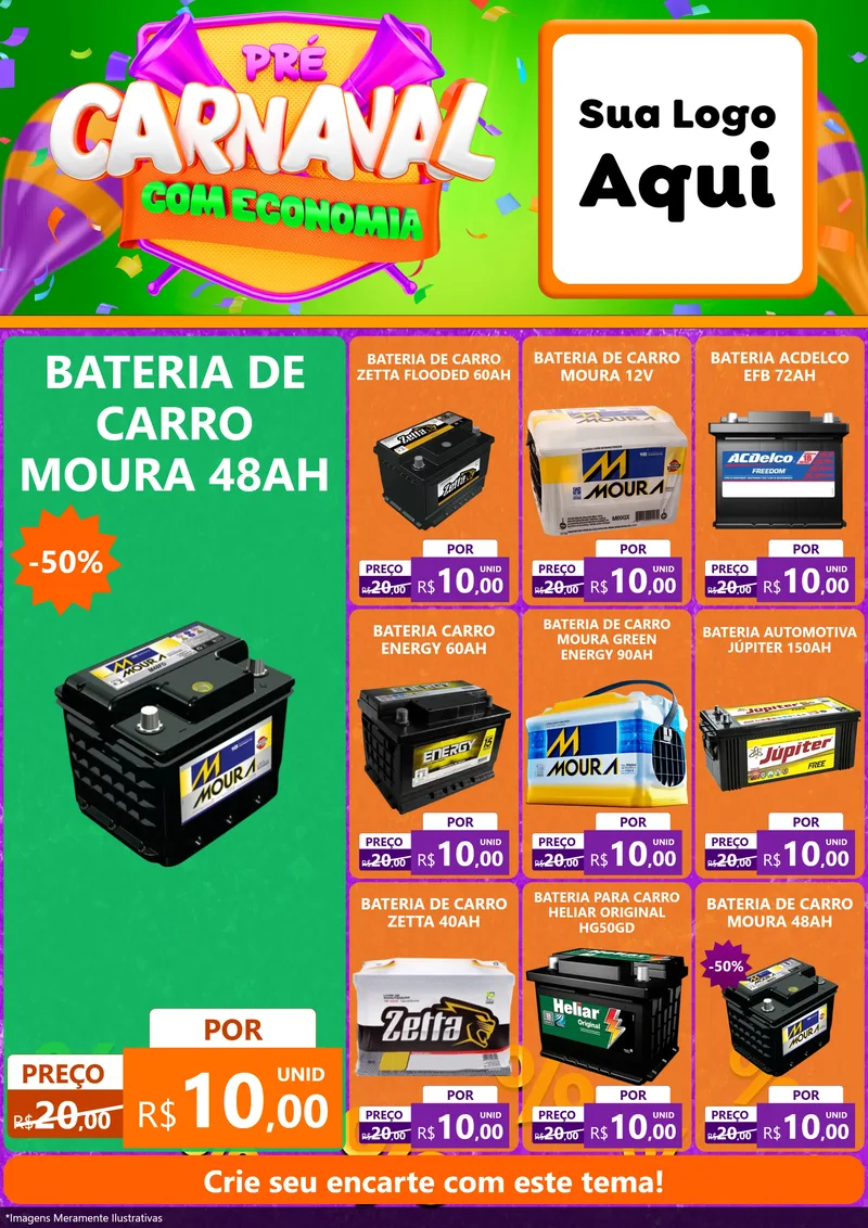 Modelo de Encarte para Encarte A4 Vertical com o tema Pré-Carnaval Com Economia para Baterias Elétricas