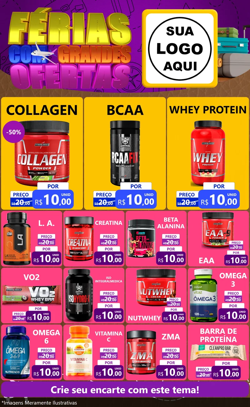 Modelo de Encarte para Encarte Grande com o tema Férias com Grandes Ofertas para Suplementos alimentares