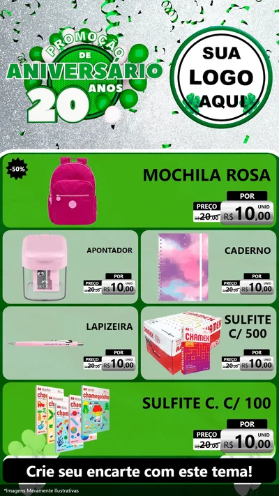 Modelo de TV para TV Vertical com o tema Promoção de Aniversário - 20 Anos para Papelaria