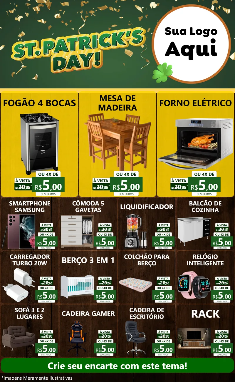 Modelo de Encarte para Encarte Grande com o tema St Patriks Day para Móveis e Eletro