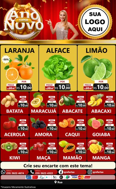 Modelo de Encarte para Encarte Grande com o tema Super Ano Novo para Hortifrúti