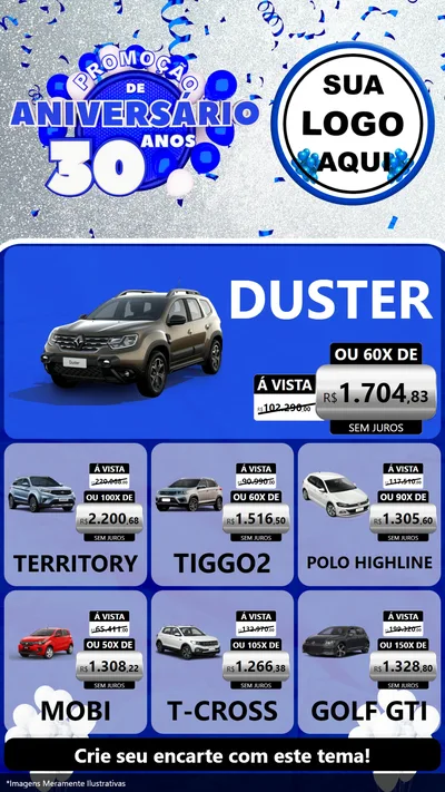 Modelo de Rede Social para Stories com o tema Promoção de Aniversário - 30 Anos para Concessionaria de Carros