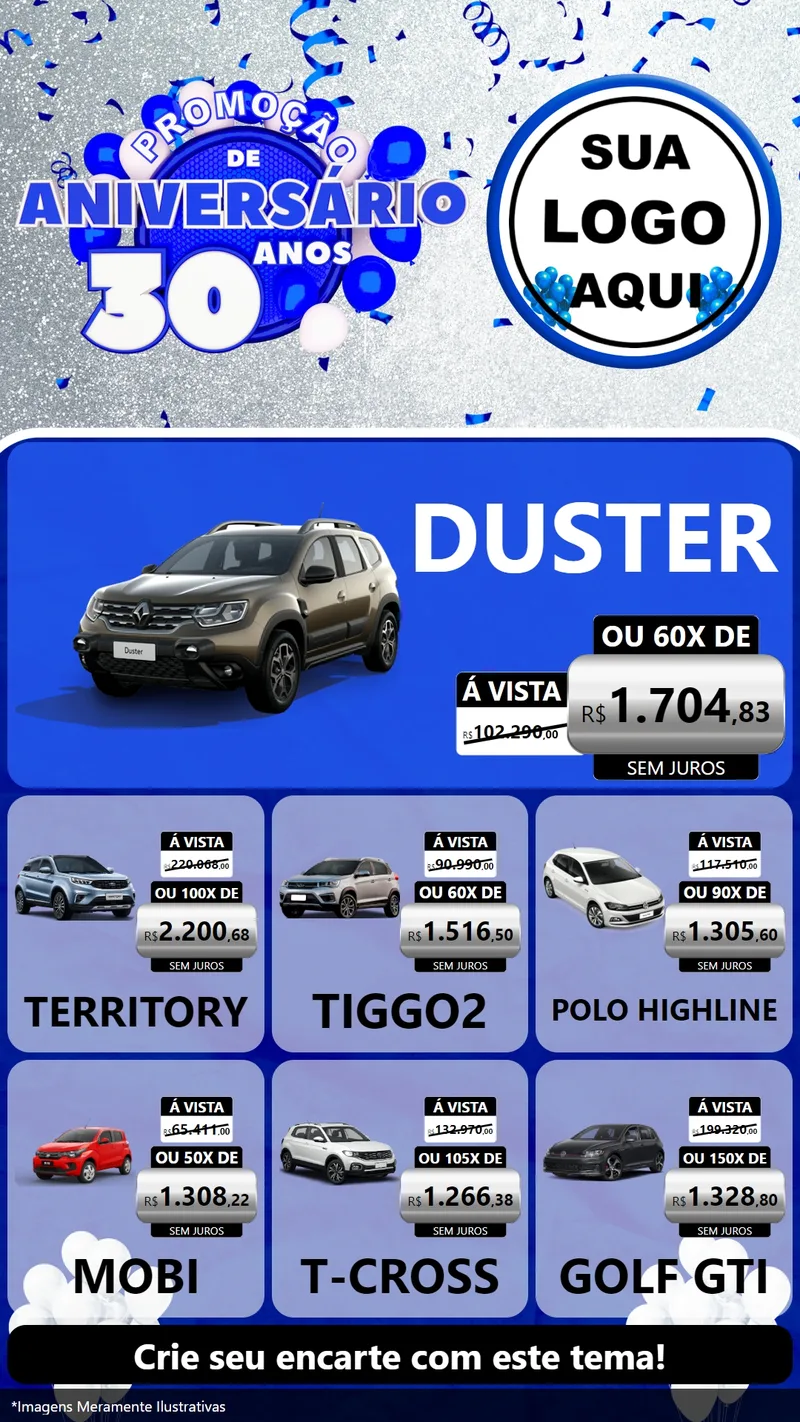 Modelo de Rede Social para Stories com o tema Promoção de Aniversário - 30 Anos para Concessionaria de Carros