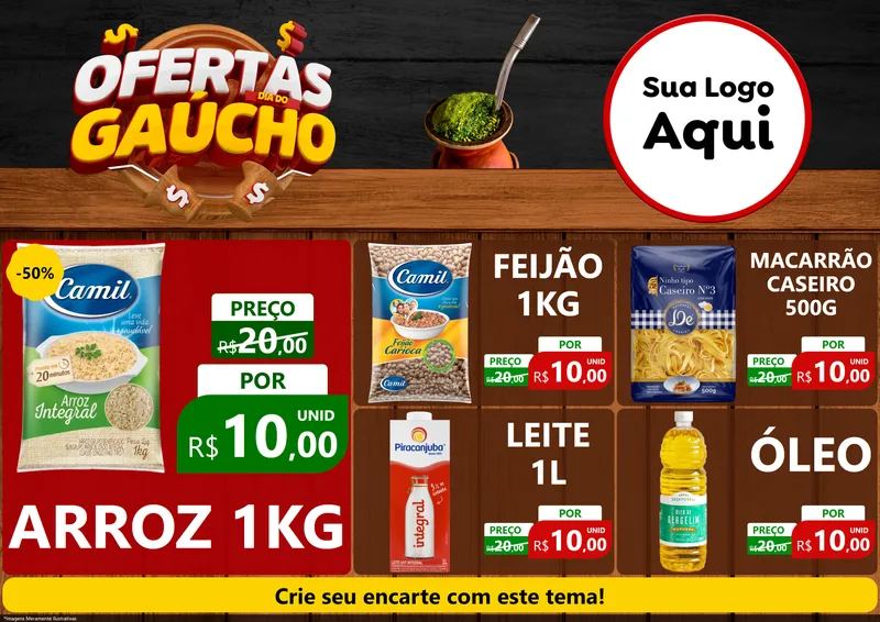 Modelo de Encarte para Encarte A4 Horizontal com o tema Ofertas Dia do Gaúcho para Supermercado