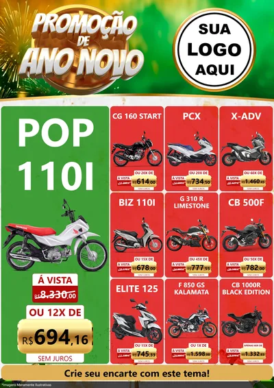 Modelo de Encarte para Encarte A4 Vertical com o tema Promoção de Ano Novo para Concessionaria de Motos