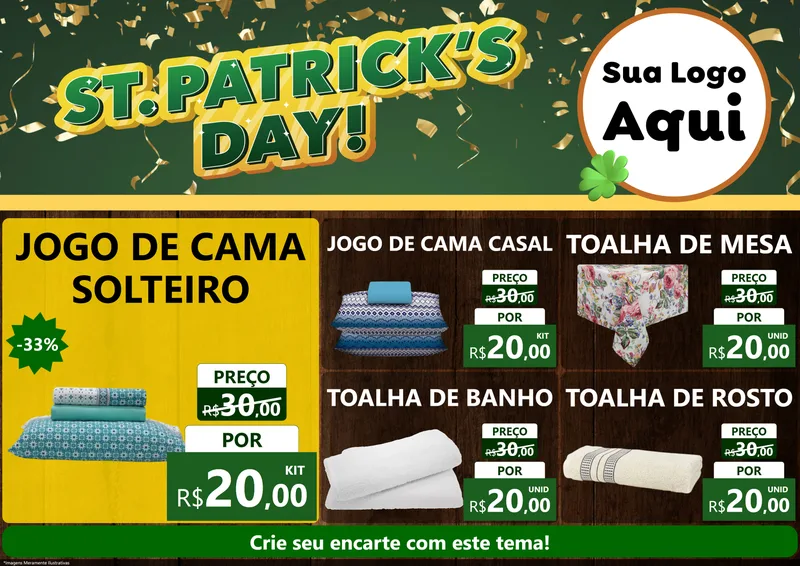 Modelo de Encarte para Encarte A4 Horizontal com o tema St Patriks Day para Cama, Mesa e Banho
