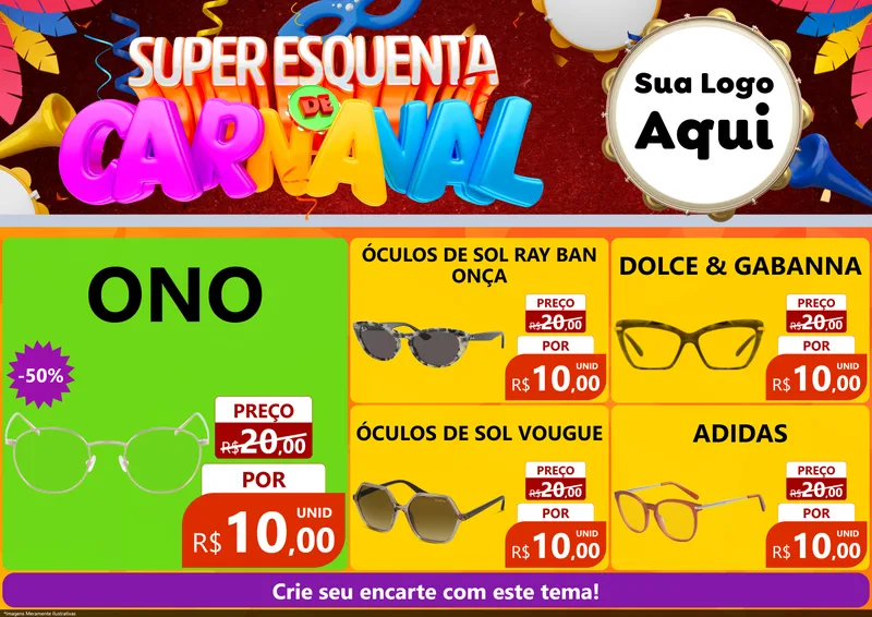 Modelo de Encarte para Encarte A4 Horizontal com o tema Super Esquenta de Carnaval para Óticas