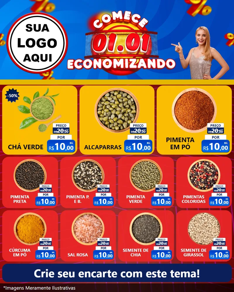 Modelo de Rede Social para Feed Instagram com o tema Comece 1º de Janeiro Economizando para Produtos Naturais
