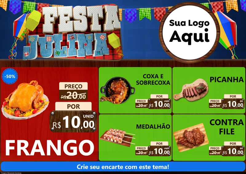 Modelo de Encarte para Encarte A4 Horizontal com o tema Festa Julina para Assados