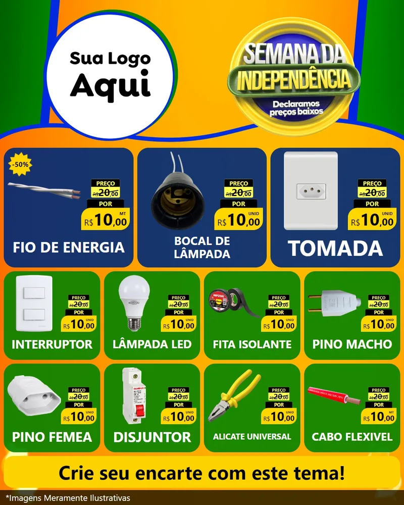 Modelo de Rede Social para Feed Instagram com o tema Semana da Independência Declaramos Preços Baixos para Materiais Elétricos