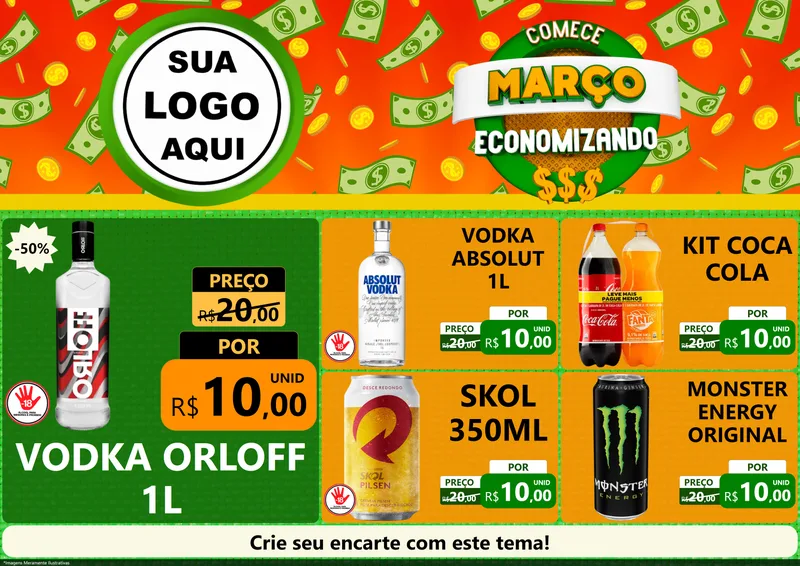 Modelo de Encarte para Encarte A4 Horizontal com o tema Comece Março Economizando para Distribuidora de bebidas