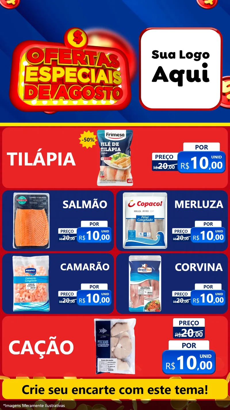 Modelo de TV para TV Vertical com o tema Ofertas Especiais de Agosto para Peixaria