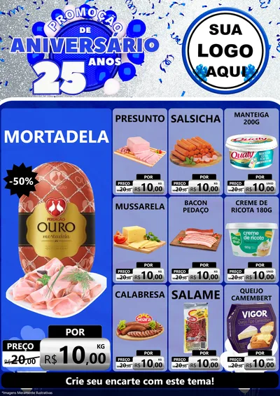 Modelo de Encarte para Encarte A4 Vertical com o tema Promoção de Aniversário - 25 Anos para Frios e Laticínios