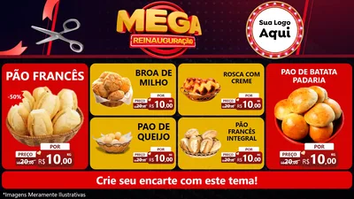 Modelo de TV para TV Horizontal com o tema Mega Reinauguração para Padaria
