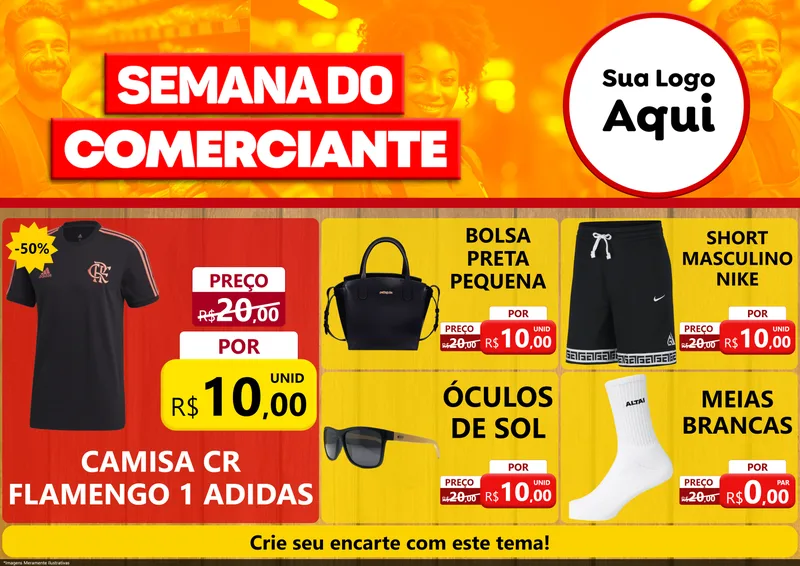 Modelo de Encarte para Encarte A4 Horizontal com o tema Semana do Comerciante para Roupas e acessórios