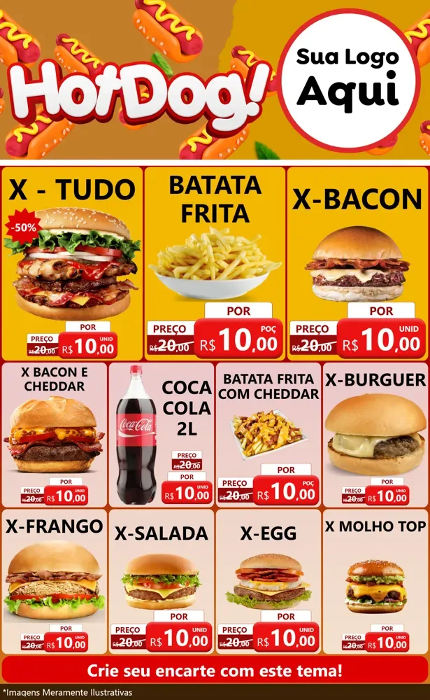 Modelo de Encarte para Encarte Grande com o tema Hot Dog para Hamburgueria