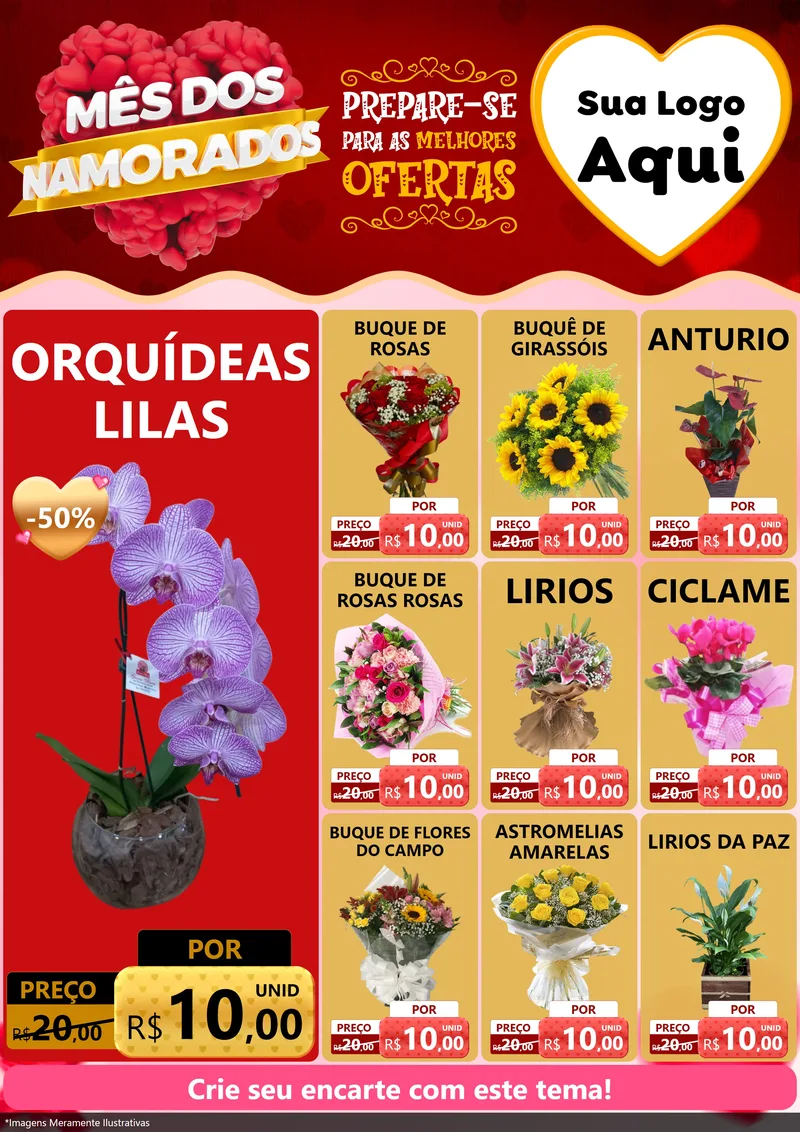 Modelo de Encarte para Encarte A4 Vertical com o tema Mês dos Namorados para Floricultura e jardim
