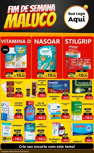 Modelo de Encarte para Encarte Grande com o tema Final de Semana Maluco para Farmácia