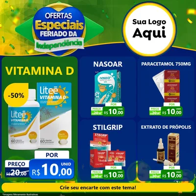 Modelo de Rede Social para Feed Facebook com o tema Ofertas Especiais Feriado da Independência para Farmácia