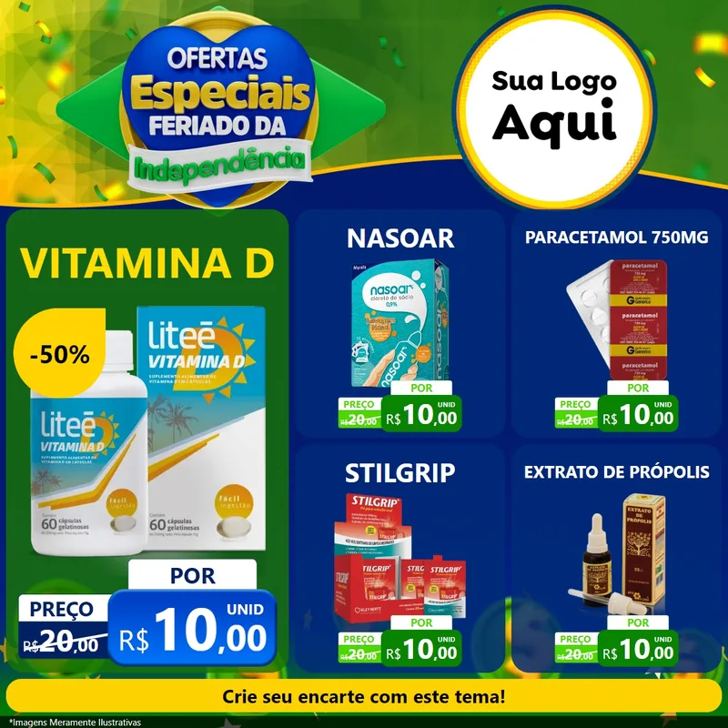 Modelo de Rede Social para Feed Facebook com o tema Ofertas Especiais Feriado da Independência para Farmácia