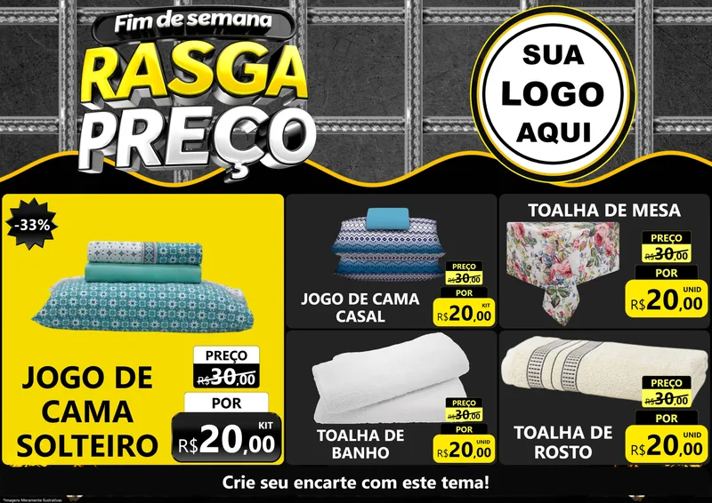 Modelo de Encarte para Encarte A4 Horizontal com o tema Fim de Semana Rasga Preço para Cama, Mesa e Banho