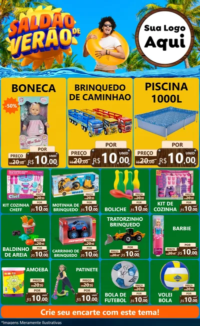 Modelo de Encarte para Encarte Grande com o tema Saldão de Verão para Brinquedos