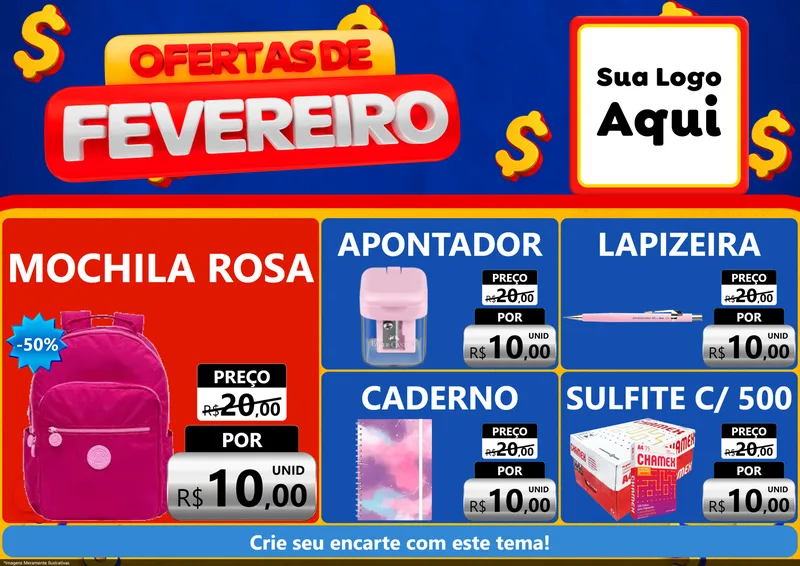 Modelo de Encarte para Encarte A4 Horizontal com o tema Ofertas de Fevereiro para Papelaria