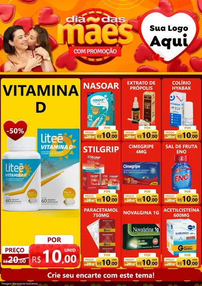 Modelo de Encarte para Encarte A4 Vertical com o tema Dia das Mães com Promoção para Farmácia