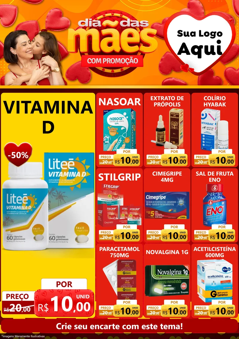 Modelo de Encarte para Encarte A4 Vertical com o tema Dia das Mães com Promoção para Farmácia