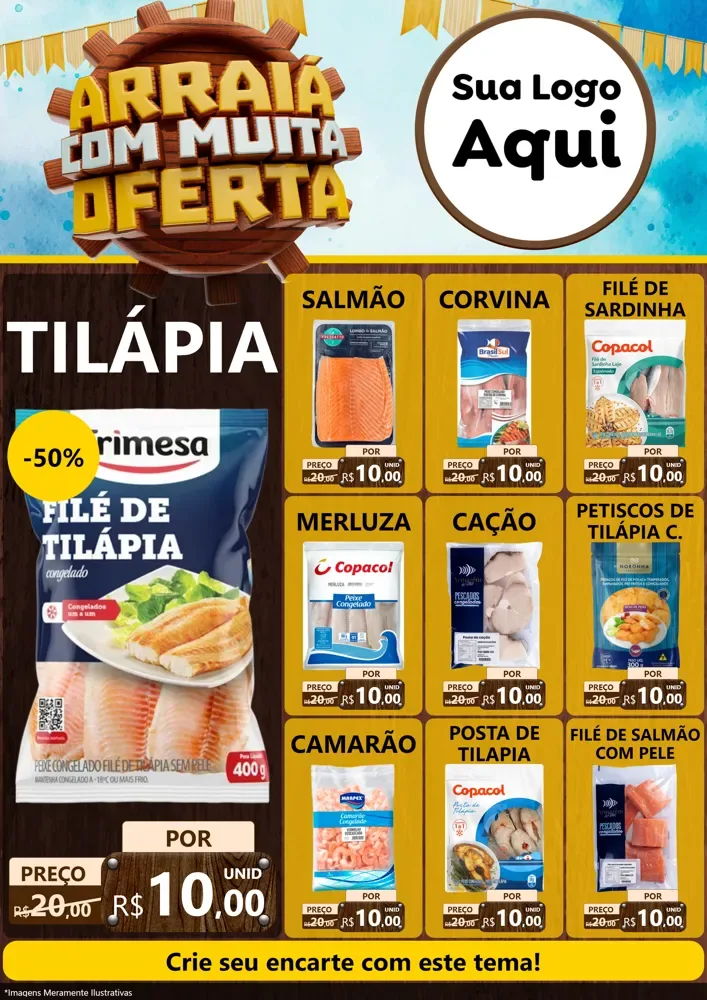 Modelo de Encarte para Encarte A4 Vertical com o tema Ofertas de São João - Junina para Peixaria