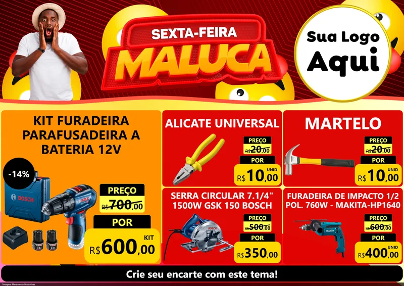 Modelo de Encarte para Encarte A4 Horizontal com o tema Sexta-feira Maluca para Maquinas e Ferramentas