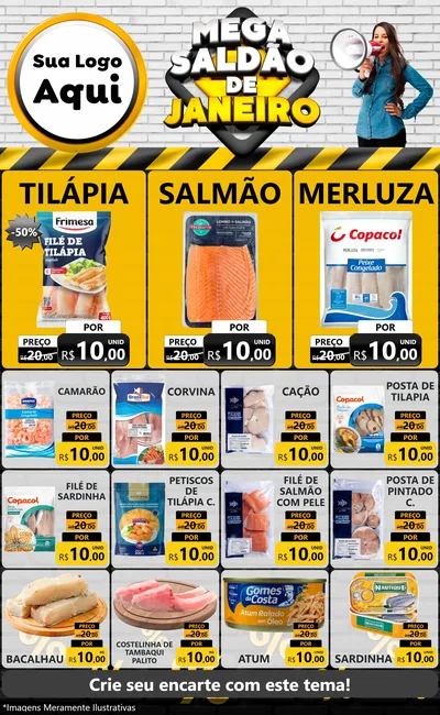 Modelo de Encarte para Encarte Grande com o tema Mega Saldão de Janeiro para Peixaria