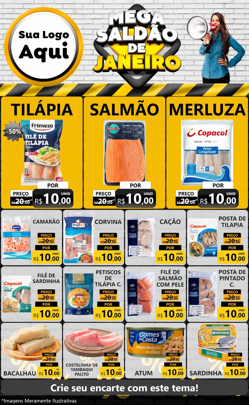 Modelo de Encarte para Encarte Grande com o tema Mega Saldão de Janeiro para Peixaria