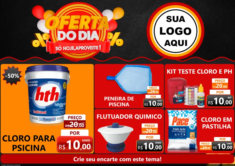 Modelo de Encarte para Encarte A4 Horizontal com o tema Oferta do Dia - Só hoje, Aproveite! para Produtos para Piscina