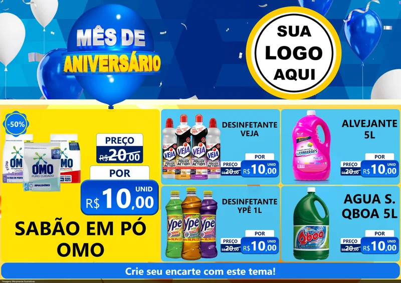 Modelo de Encarte para Encarte A4 Horizontal com o tema Mês de Aniversário para Produtos de Limpeza