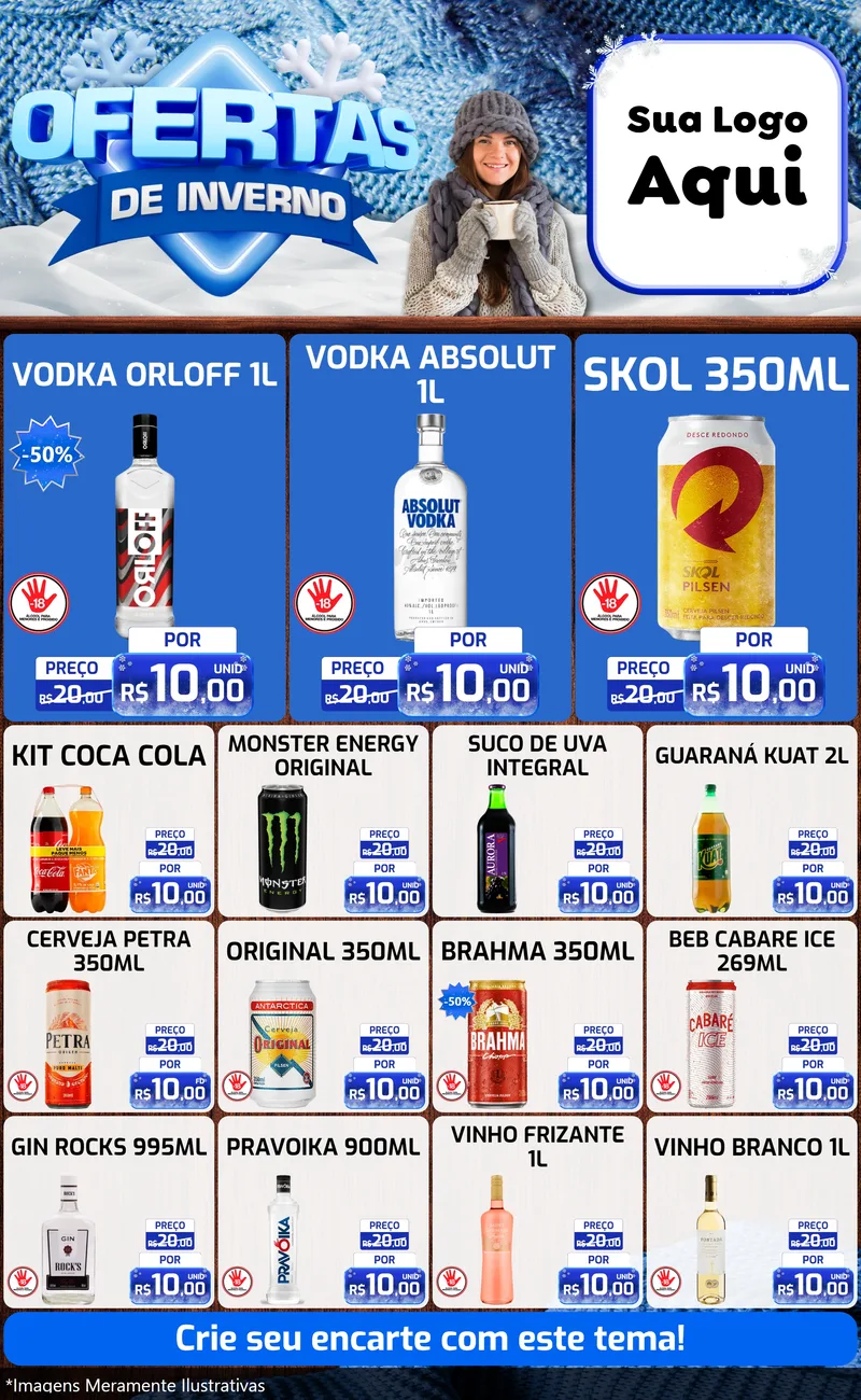 Modelo de Encarte para Encarte Grande com o tema Ofertas de Inverno para Distribuidora de bebidas