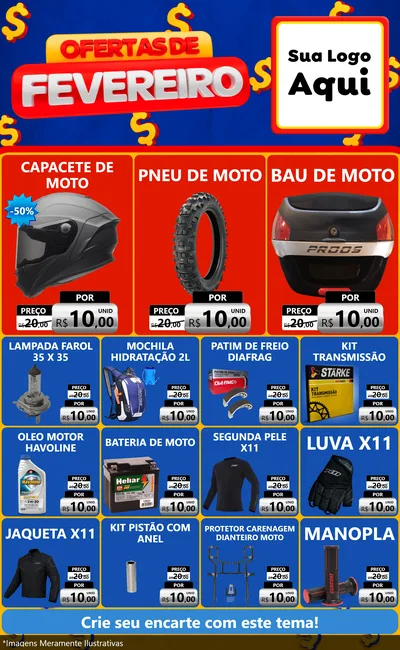 Modelo de Encarte para Encarte Grande com o tema Ofertas de Fevereiro para Moto peças