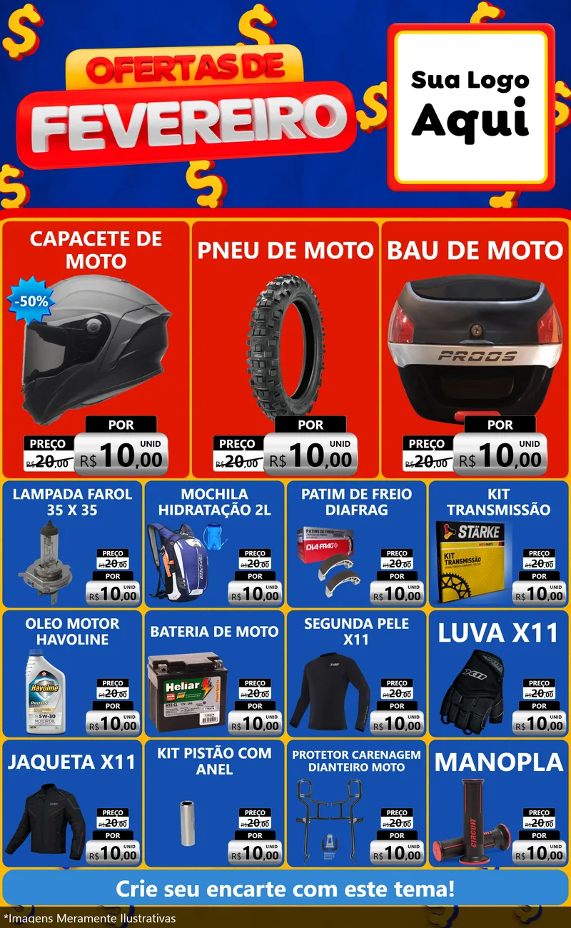 Modelo de Encarte para Encarte Grande com o tema Ofertas de Fevereiro para Moto peças