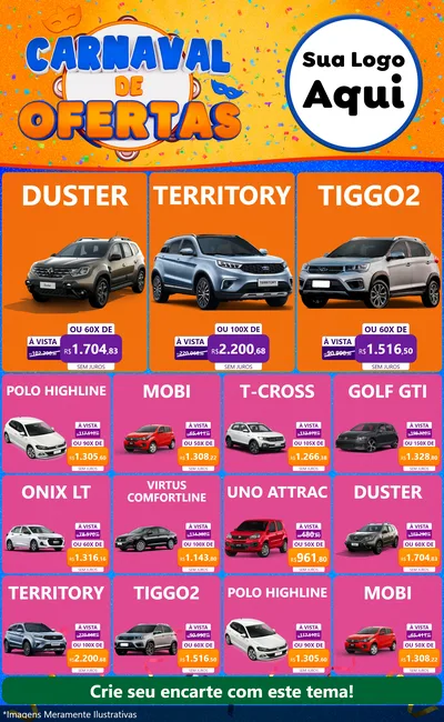 Modelo de Encarte para Encarte Grande com o tema Carnaval de Ofertas para Concessionaria de Carros