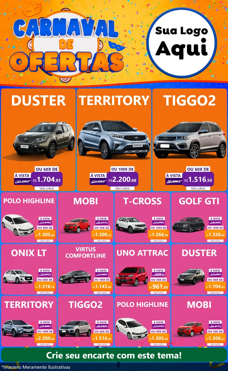 Modelo de Encarte para Encarte Grande com o tema Carnaval de Ofertas para Concessionaria de Carros